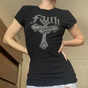 Vintage y2k Goth Embellished Cross Black Tee